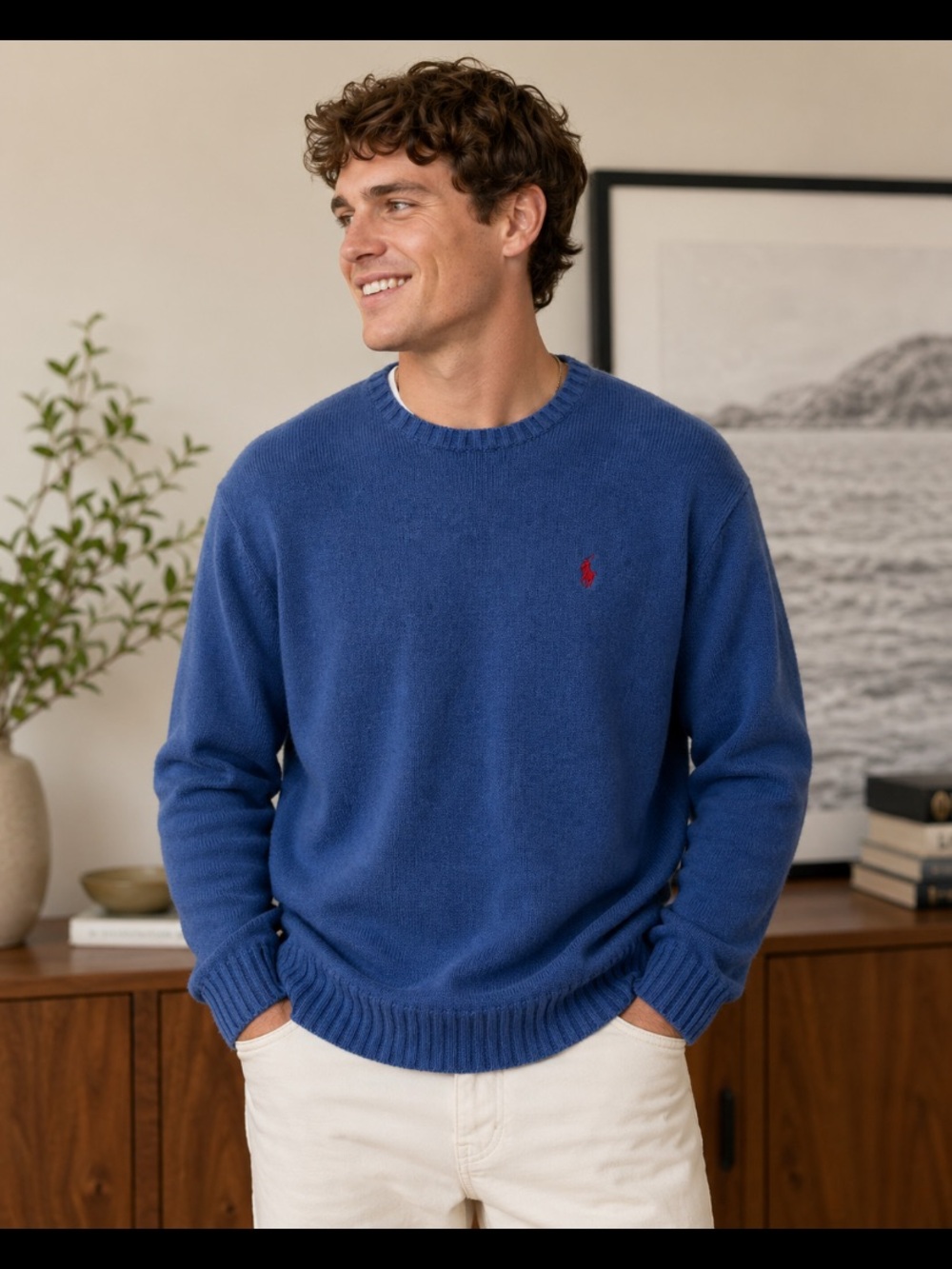 Ralph Lauren Men's Navy Blue Crewneck Sweater with Red Pony 100% Pima Cotton